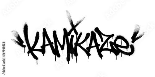 Sprayed kamikaze font graffiti with overspray in black over white. Vector illustration.