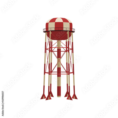 Red and white metal construction for water vector illustration. Cartoon drawing of water tower with container for storage of hydro resource reserve isolated on white background. Water supply concept