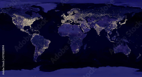 Earth night view from space map with city lights satellite-based observations. "Elements of this image furnished by NASA light pollution map