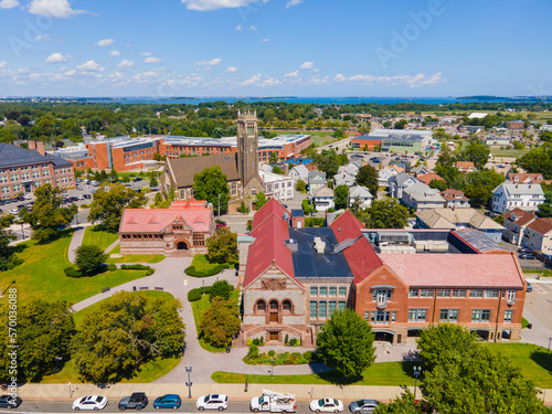 Quincy historic city center aerial view including Bethany Congregational Church and Thomas Crane Public Library at 40 Washington Street in Quincy, Massachusetts MA, USA. 