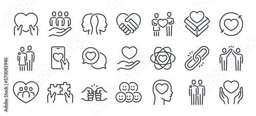 Love, friendship, care and charity concept editable stroke outline icons set isolated on white background flat vector illustration. Pixel perfect. 64 x 64.