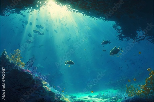 水中 光 海底 魚 海 太陽 深海 泡 海藻 洞窟 青, generative ai