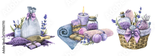 Handmade cosmetics, bath salts, soap, candles, bath bombs. Watercolor illustration. A set of compositions from the LAVENDER SPA collection. For the design and design of the logo, the menu of the salon