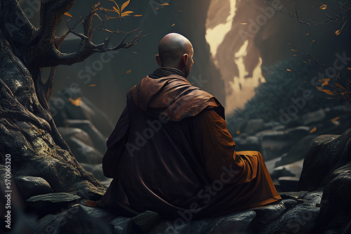 Buddhist monk meditating in nature. AI generative illustration.