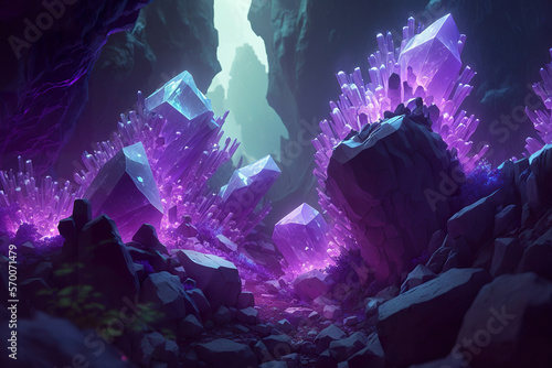 A cave with purple crystals.