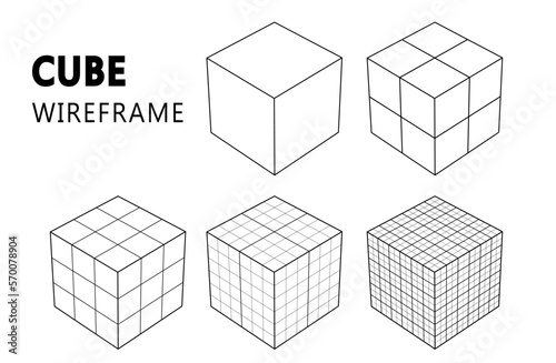 Wireframe cube in differenr resolution PNG. Connection Structure. Futuristic digital technology. Vector Illustration.