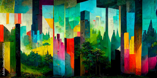 A colorful mural showing a modern city skyline bringing together aspects of the nature of a forest; presents graphic possibilities and emotions. Generative AI