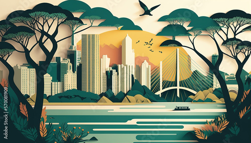 Brazilian Big City illustration. Sao Paulo, Brazil. Multi layers, Paper-like. Generative AI.