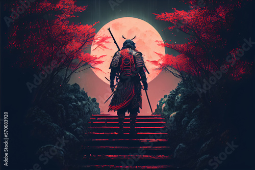 The terrifying ronin stands in the forest at night. Black silhouette of a Japanese warrior samurai against the night forest. High quality ai generated illustration.