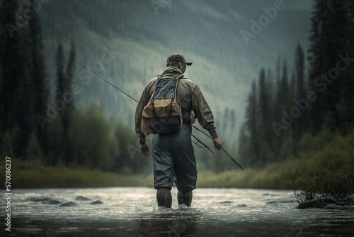 Man in waders fly fishing in a river, concept of Outdoor Adventure and Wildlife Watching, created with Generative AI technology