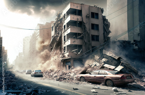 Destroyed quarter city with collapsed buildings and vehicles crushed during a earthquake catastrophe. Generative AI.