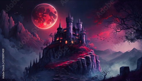 A vampire castle on a mountain at night. Generative AI
