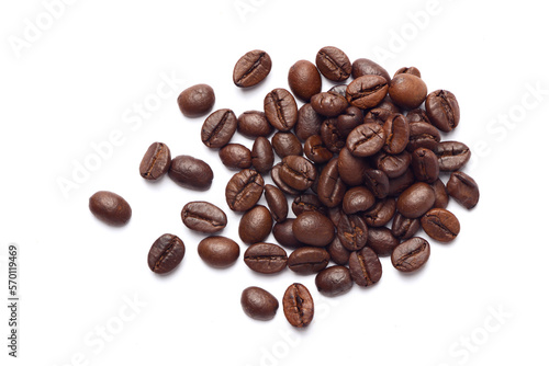 Flat lay of coffee beans isolated on white background.