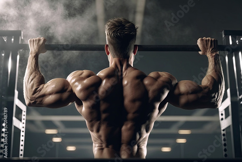 muscular back of a male athlete bodybuilder exercising in the gym. Generative AI