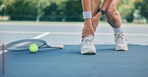 Tennis player or woman with ankle pain on sports ground for healthcare risk, muscle accident or training problem. Competition, game and athlete on fitness court with foot injury and legs massage
