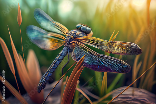 Close up dragonfly in meadow. Ai generated