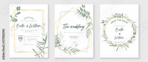 Luxury wedding invitation card background vector. Golden geometric frame with watercolor botanical leaf branch and golden ink splatter texture. Design illustration for wedding and vip cover template.