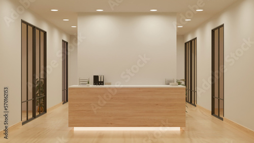 Luxury and contemporary lobby area interior design in white and wood style with reception counter