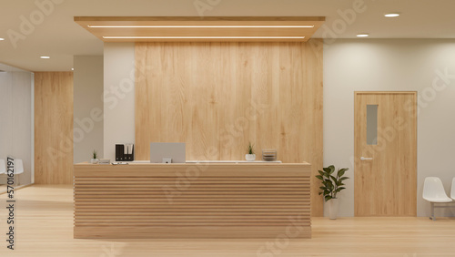 Luxury and minimalist hospital reception counter area in white and wood style with counter