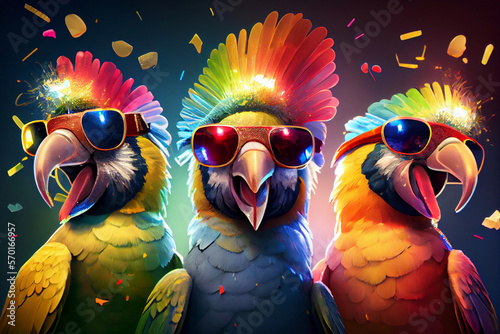 3 fröhliche bunte Papageien mit Partybrillen in Partystimmung. Generative Ai. 