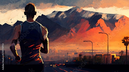 Marathon Runner running across the city and mountains. View from back. AI Generated Illustration