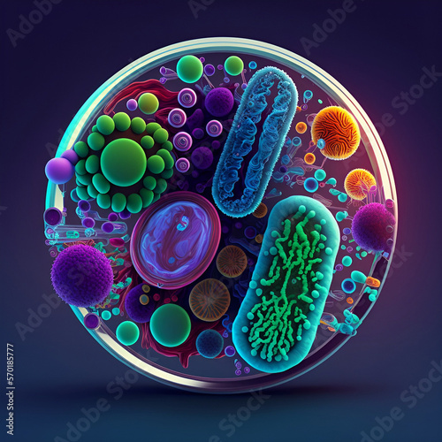 Microcosm under a microscope in a Petri dish. A multifold enlarged image of cells, viruses and bacteria in a fantastic generation of AI.