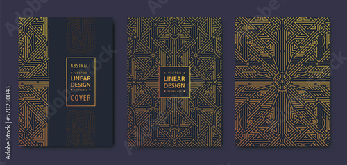 Set of vector art deco, gatsby golden covers. Creative design templates. Trendy graphic poster, brochure, design, package and branding. Geometric shapes, ornaments, elements