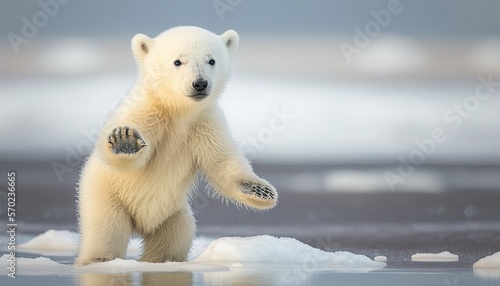 A Majestic of a Polar Bear Cub Playing on the Arctic Tundra generative ai