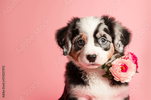 Cute puppy gives a rose. Romantic concept or women's day holiday concept. Generative AI illustration