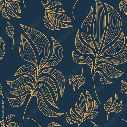 Vector seamless vintage pattern. Art deco line leaves background, golden floral motif.