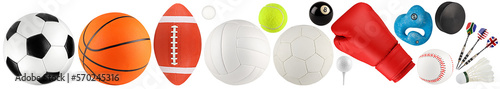 set collection of various sport gear and ball like soccer american football basketball handball boxing isolated white background. sports equipmet activity concept