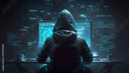 A hooded hacker sits at his computer, rear view. Generative AI.