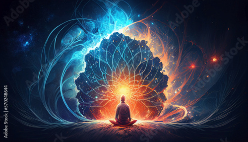 Concept of astral projection and spiritual healing of the soul and body. Meditating person looking inside himself. Lotus flower shape. Ai generated.