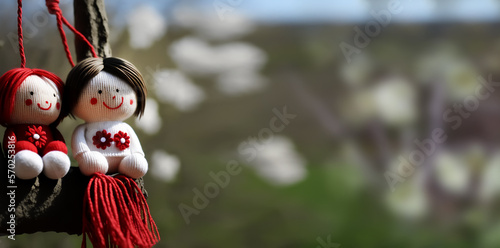 Traditional martenitsa dolls made from red and white yarn. Male and female dolls called Pizho and Penda. March 1st . Baba Marta Day. Generative AI