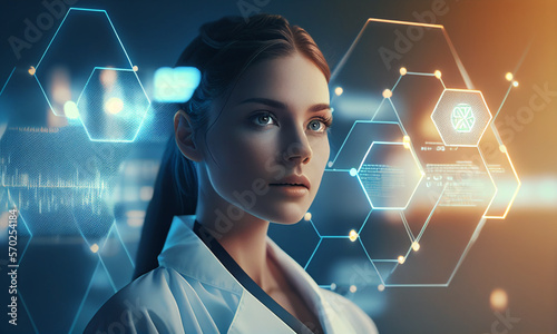 A young woman doctor using innovative technology virtual in pharmaceutical science research. Medical science and development concept. Generative AI