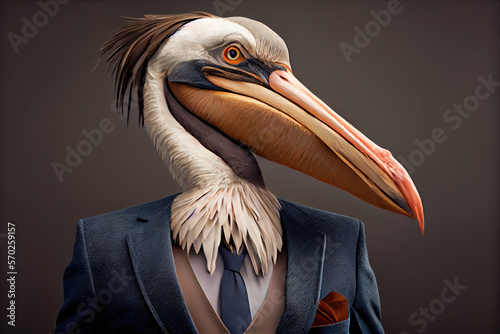 Portrait of a pelican dressed in a business suit in a studio photo. Generative AI. 