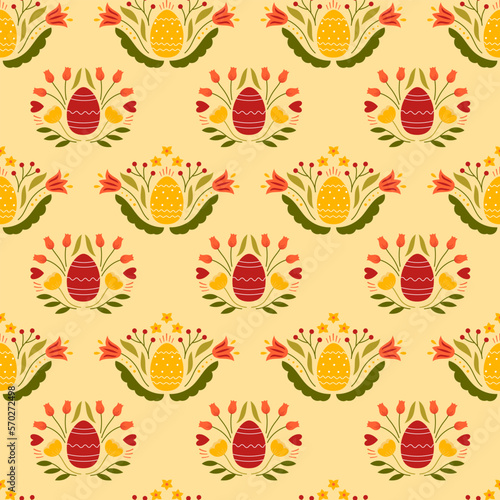 Easter seamless pattern with colored egg and flowers. Background for poster, greeting card, invitation or postcard.