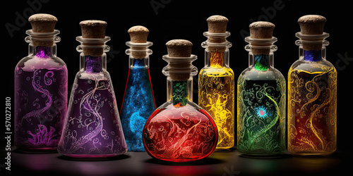 colourful potion vials. Generative AI image.