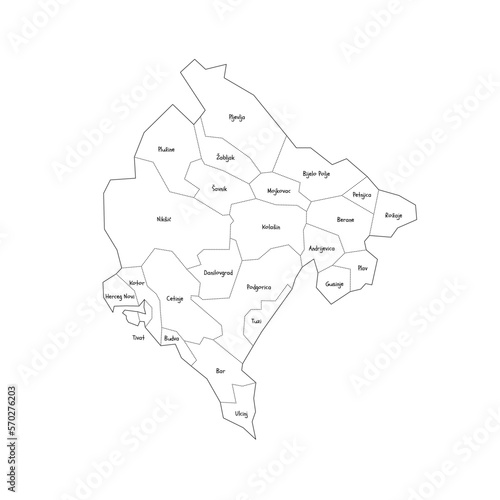 Montenegro political map of administrative divisions - municipalities. Handdrawn doodle style map with black outline borders and name labels.