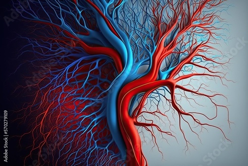 Representation of circulation of blood with bright red and blue veins and arteries, concept of Vascular System and Circulatory System, created with Generative AI technology