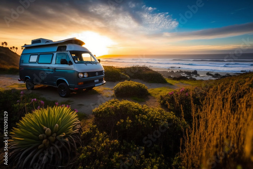The new Transporter Camping Van California Ocean in the coastal Nature
