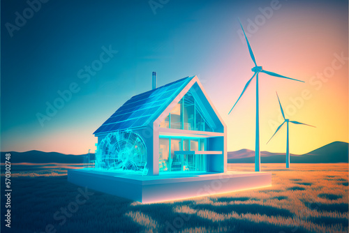 Heat map of an ecological house with a wind turbine, for energy independence and good insulation. Graphical representation of the heat dissipation. Generative AI