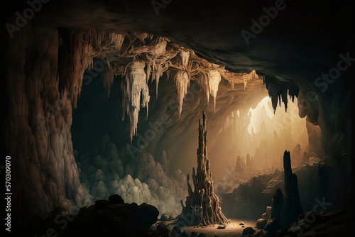 Discover a dark and mysterious cave. Explore the passages, with stalagmites and stalactites, for a feeling of ancestral spirituality. Generative AI