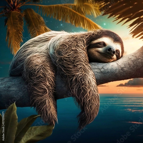 happy and tired sloth sleeps on a palm tree in summer