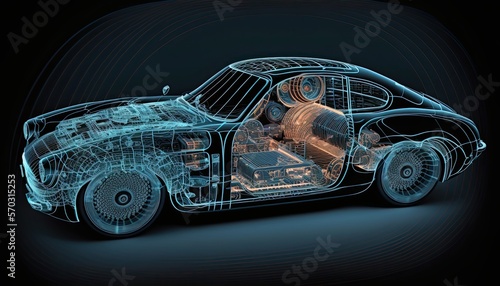 Digital car engineering schematic blue and gold lines generative ai 