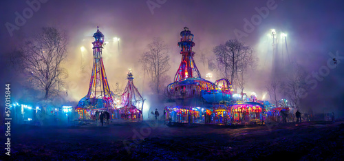 A fairground mysteriously shrouded in the mist of the night with enigmatic silhouettes and lights, offering a gloomy and captivating atmosphere. Generative AI
