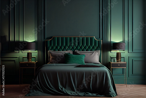 Stylish emerald green bedroom interior with comfortable king size bed with headboard and pillows in dark green bedroom. Copy space on empty green wall of elegant bedroom interior. High quality ai