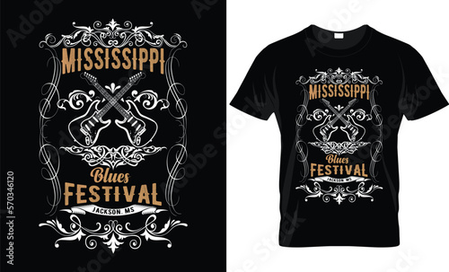 Mississippi blues festival t shirt design. Guitar t shirt template.