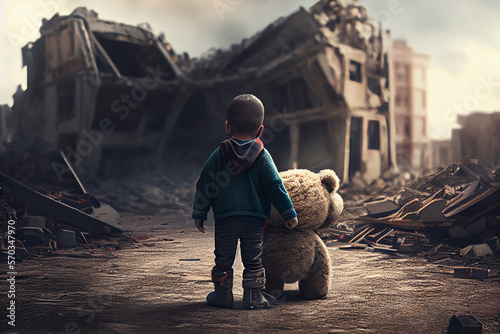Kind mit Teddybär in der Hand läuft durch eine zerstörte Stadt nach der Erdbeben Katastrophe in der Türkei und sucht nach seiner Familie - Generative Ai