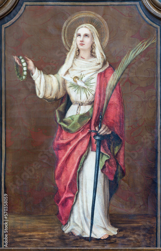ANNECY, FRANCE - JULY 10, 2022: The painting of St. Susane in the church Eglise Saint François De Sales by J. Champallier (1899).